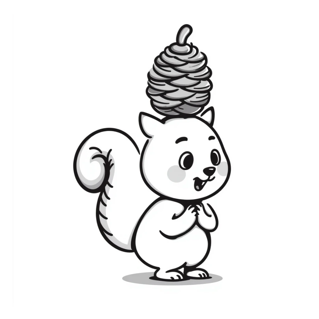 A greedy little squirrel with a large pine cone balanced on top of its head, making a strange, creepy expression sticker