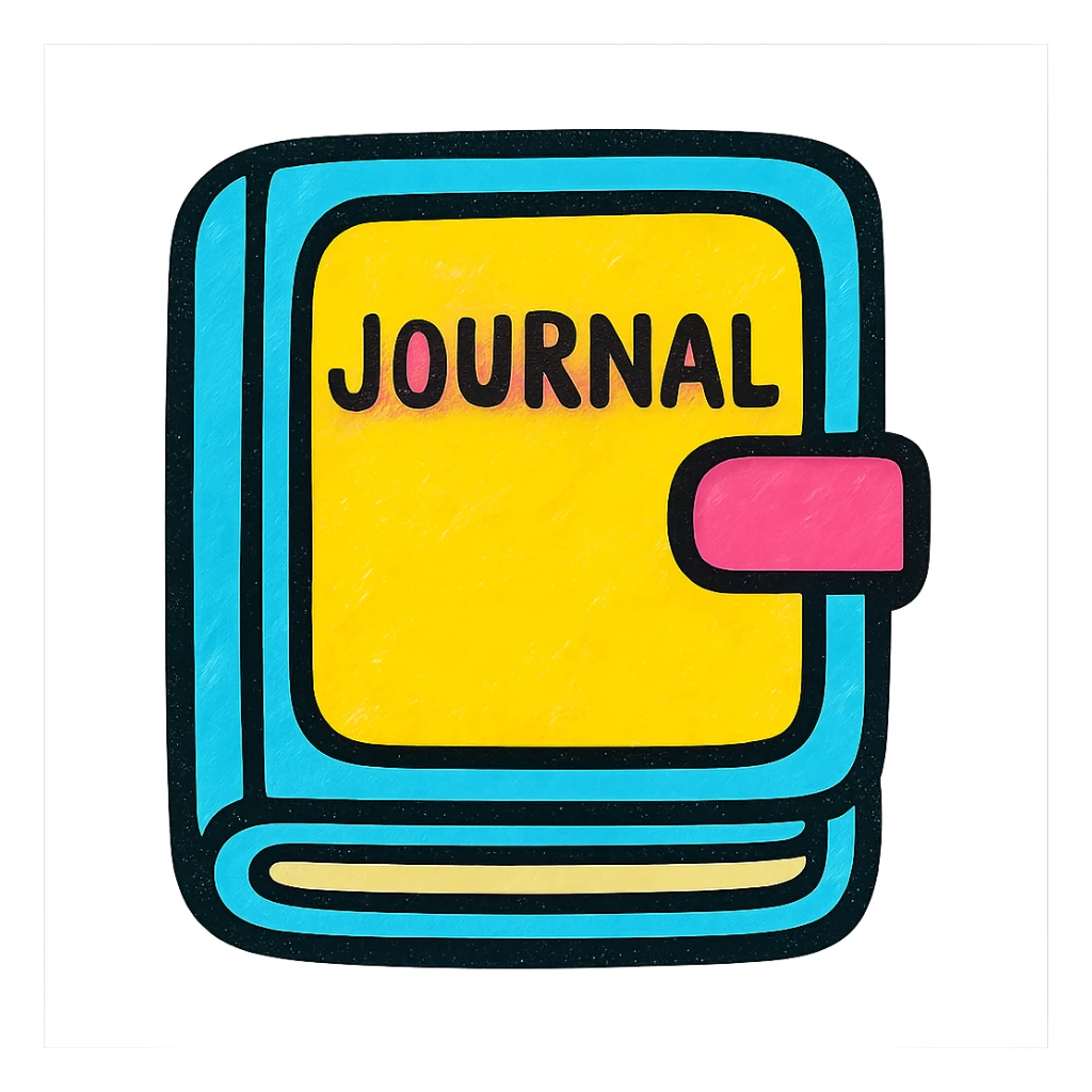 A journal icon, flat design with a book cover and pages, using bright colors and simple shapes. sticker