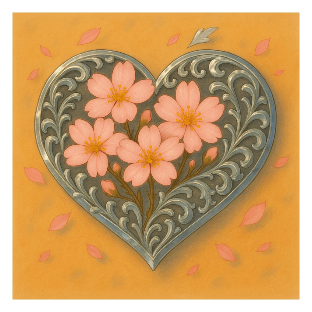 Make the silver accents and details absolutely dominant and overwhelming on the heart with sakura, ghibli style. sticker