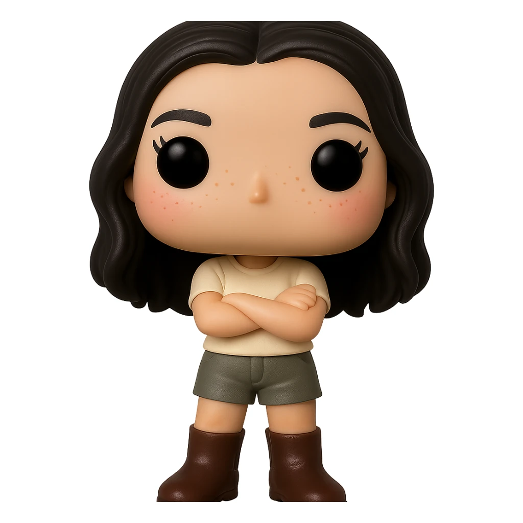 Edit the image into a Funko Pop style vinyl figure with realistic details. The figure should have no mouth, cream-colored top, grey bottoms, dark brown boots, and arms crossed. Add slightly rosy cheeks, very light freckles, and a mischievous and cheerful expression. The figure has dark hair. Remove the background to make it transparent. sticker