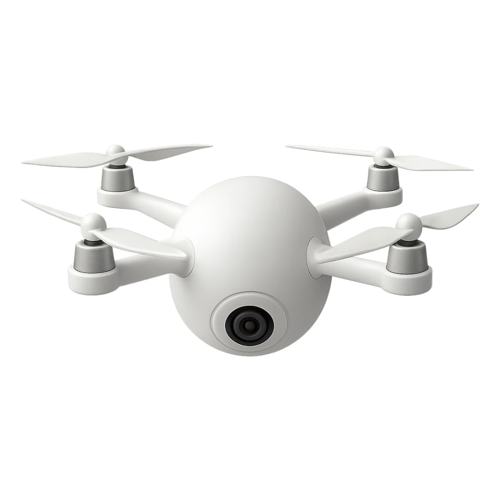 white drone with a ball-shaped body and propellers and arms attached directly to the sphere, no logo sticker