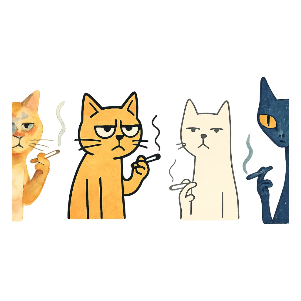 cat holding a cigarette, various artistic styles, creative and stylized illustration sticker