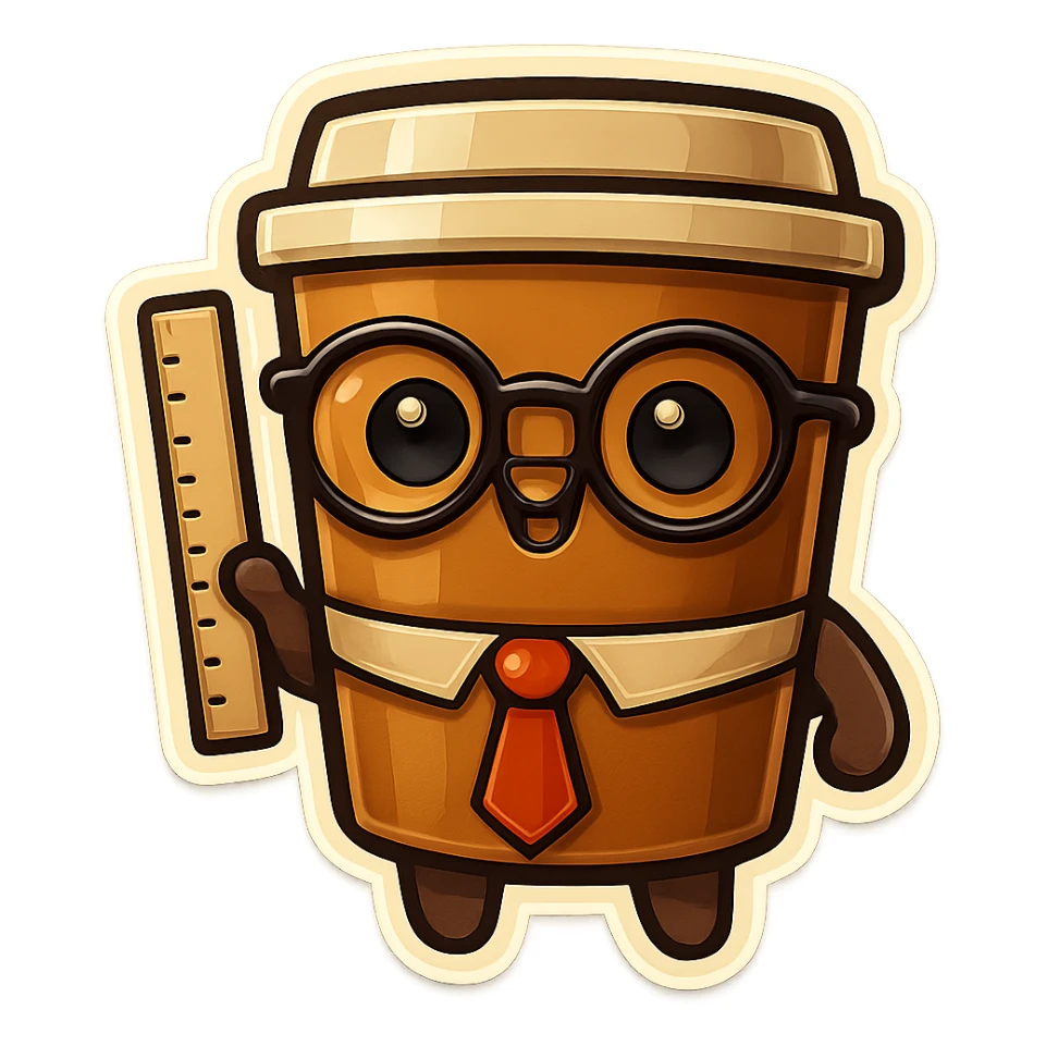 Tall coffee cup, holding a ruler, dressed as a teacher sticker