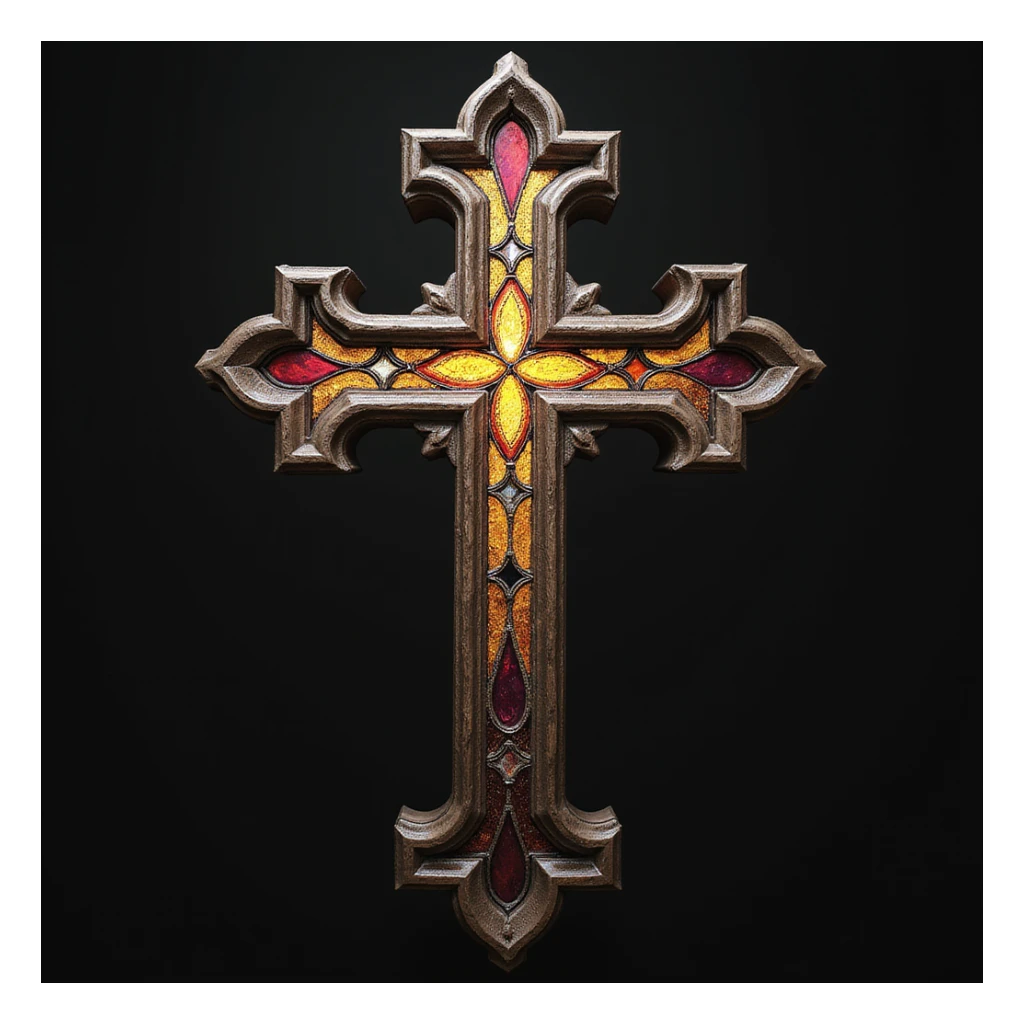 realistic gothic cross, with stained glass, photorealistic style, no background sticker