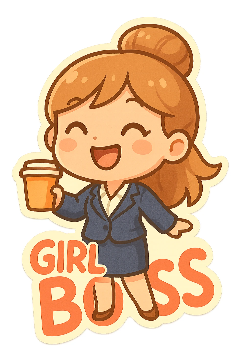 girl boss, cartoon style, cheerful, holding coffee, bright palette sticker