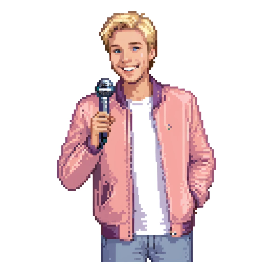 Pixel art style, expressive male performer, Caucasian features, short sandy blonde hair, lively eyes, wide cheerful smile, wearing a coral violet jacket over white tee, tossing a microphone in one hand, waist-up, front-facing sticker