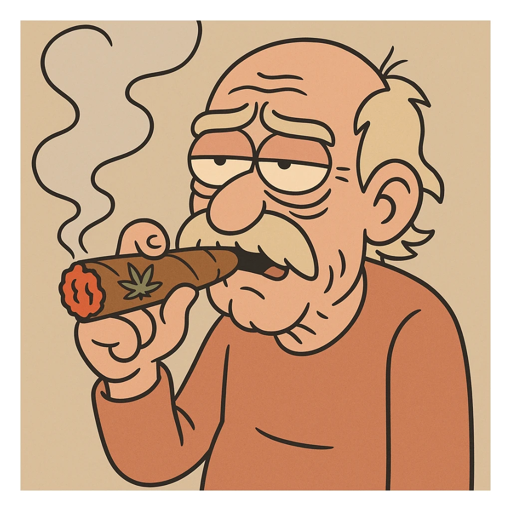 an old man smoking a weed cigar, flat toon cartoon style sticker