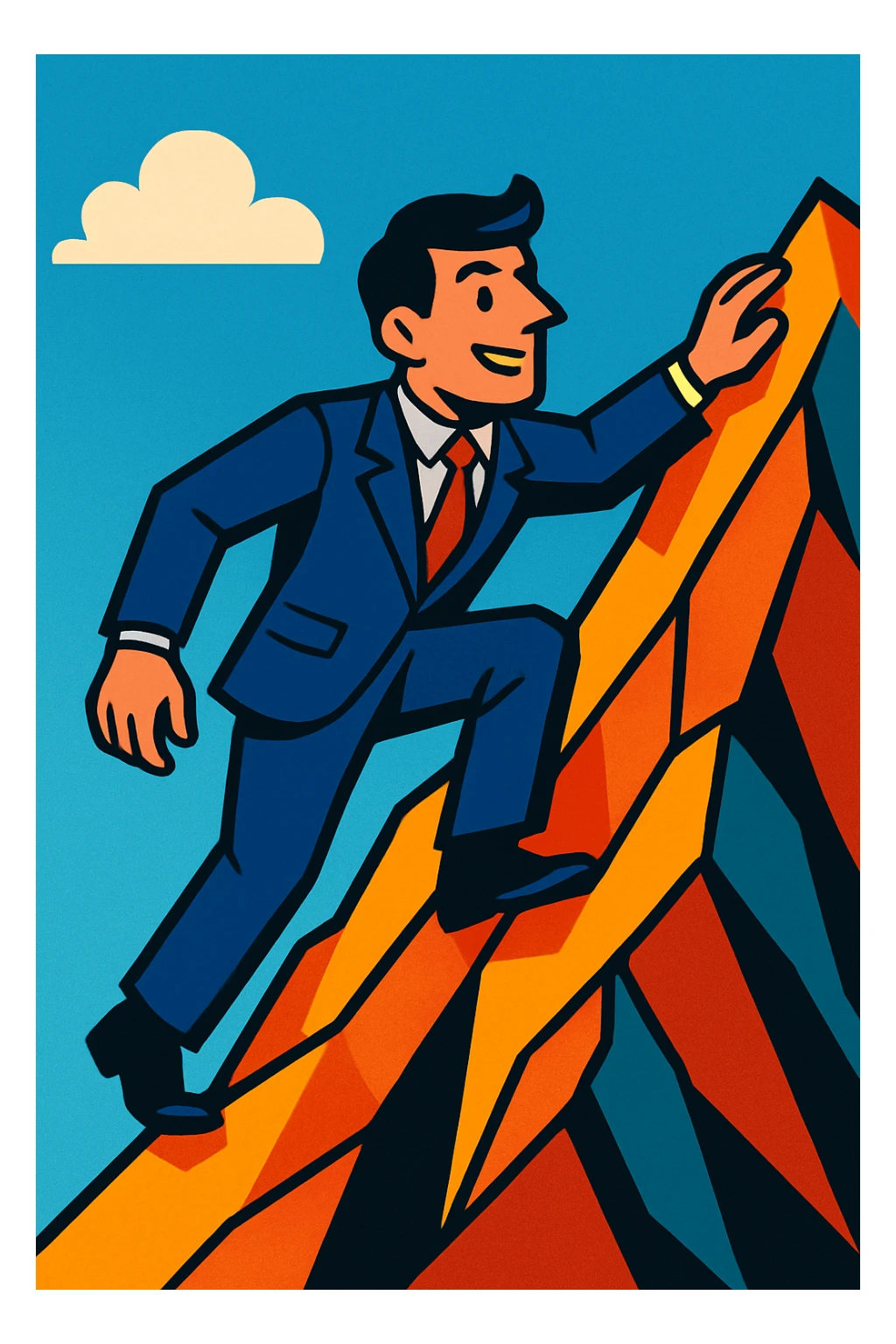 man climbing a mountain in a suit, vibrant toon style sticker