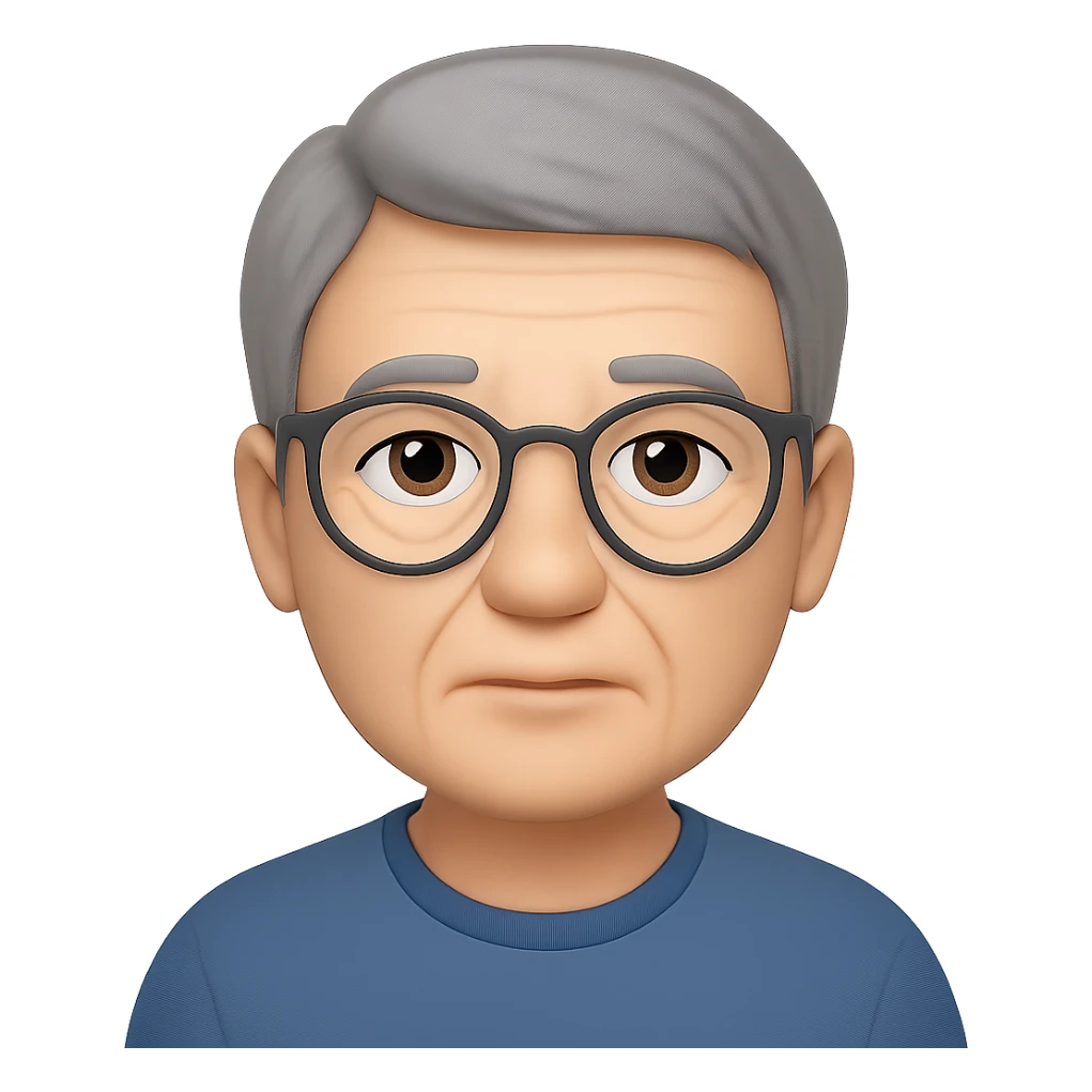 Make the middle aged Asian man look a little older with slightly gray hair, keep glasses, neutral expression, in emoji style, no background. sticker