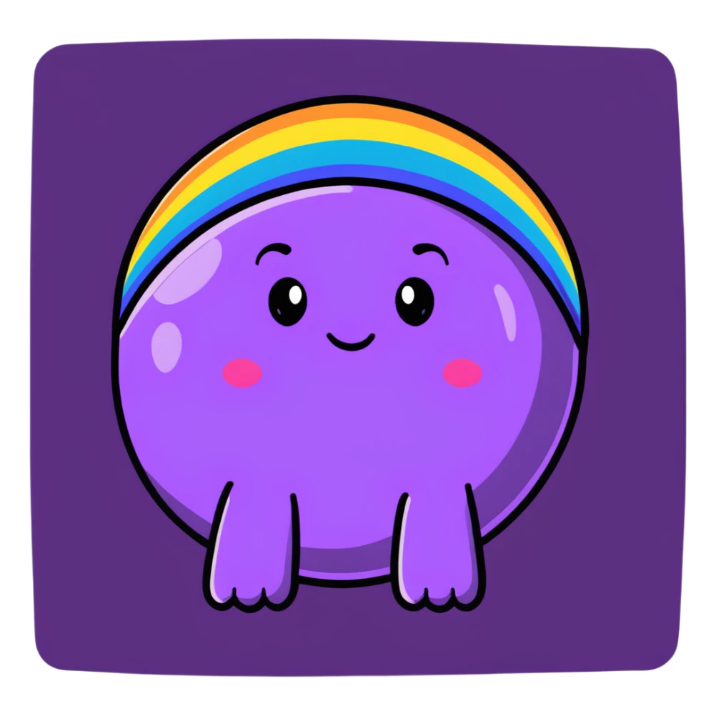 planet with rainbow polka dots all over its surface and a big grinning face sticker