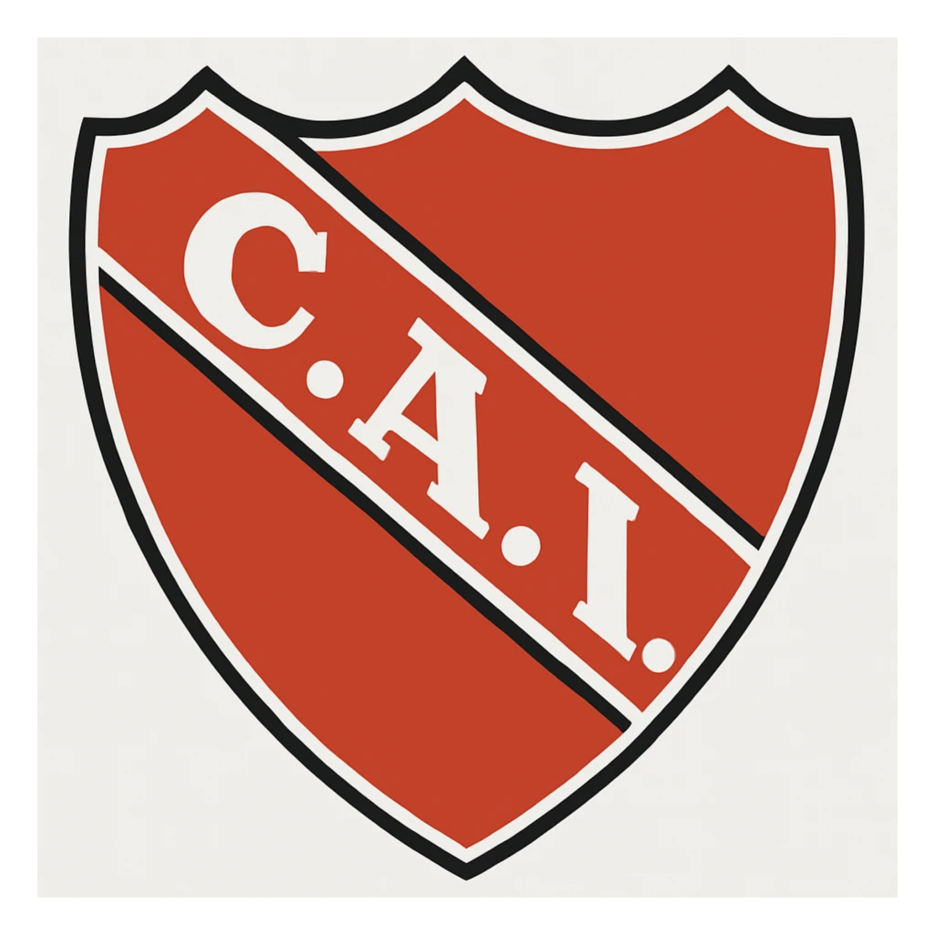 Change the letters 'C.A.I.' inside the white diagonal band to white, keeping the black dots between the letters. Maintain the classic soccer shield style with a three-pointed top, rounded base, white outline, and intense red background. The letters should remain bold, simple, and legible, centered in the band, with no background added. sticker