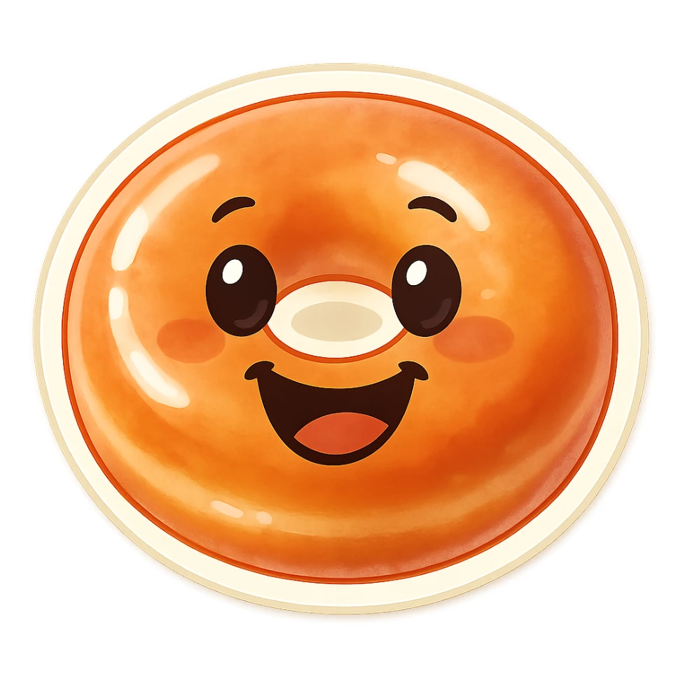 Turn this Krispy Kreme glazed donut into a cute emoji style donut with a smiling face, big eyes, and a playful expression, keeping the shiny glaze and soft texture. Transparent background. sticker