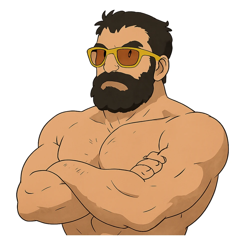 muscular man with black beard wearing yellow sunglasses sticker