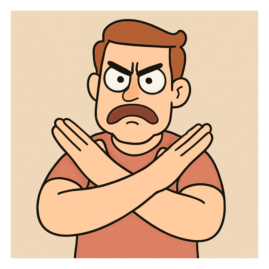 cartoon character with arms crossed in an 'X', strong 'no' or 'stop' expression, simple background sticker