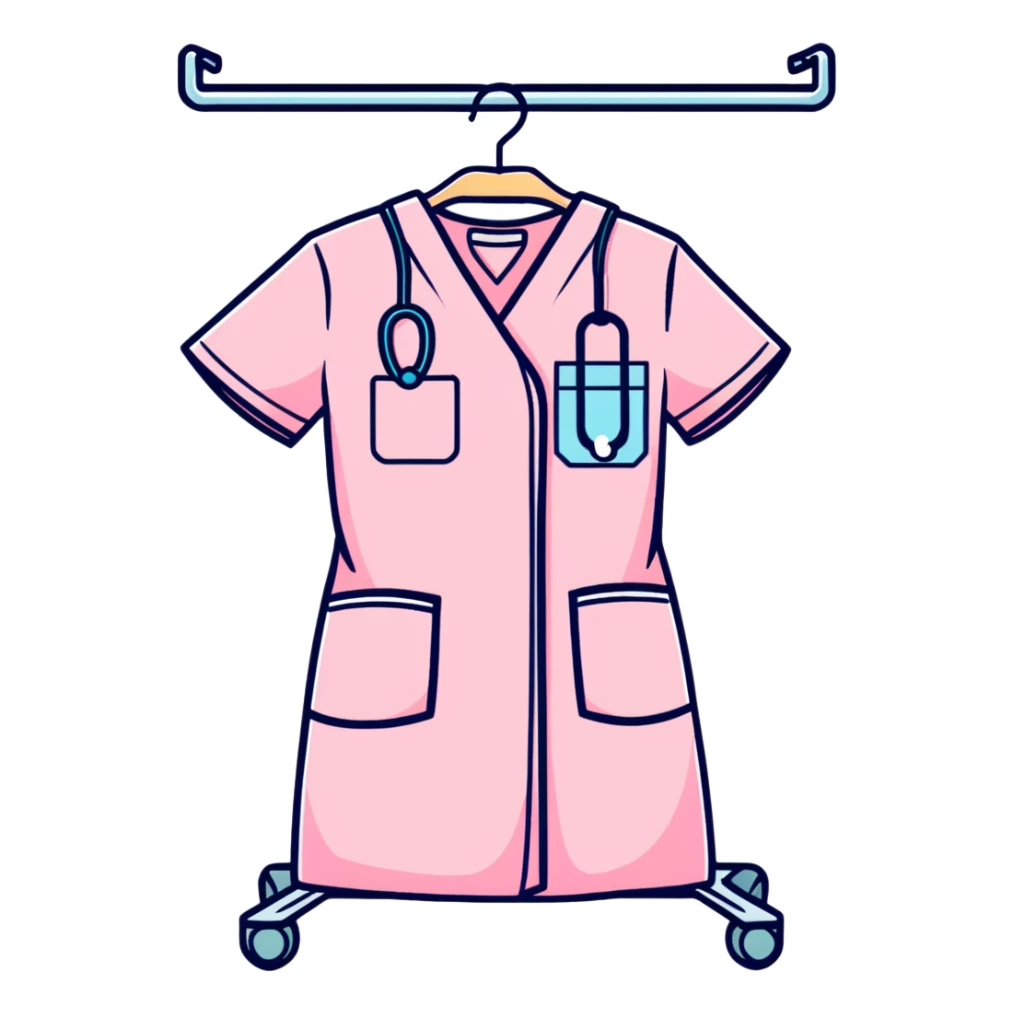 light pink medical scrubs uniform hanging on rack without any person sticker