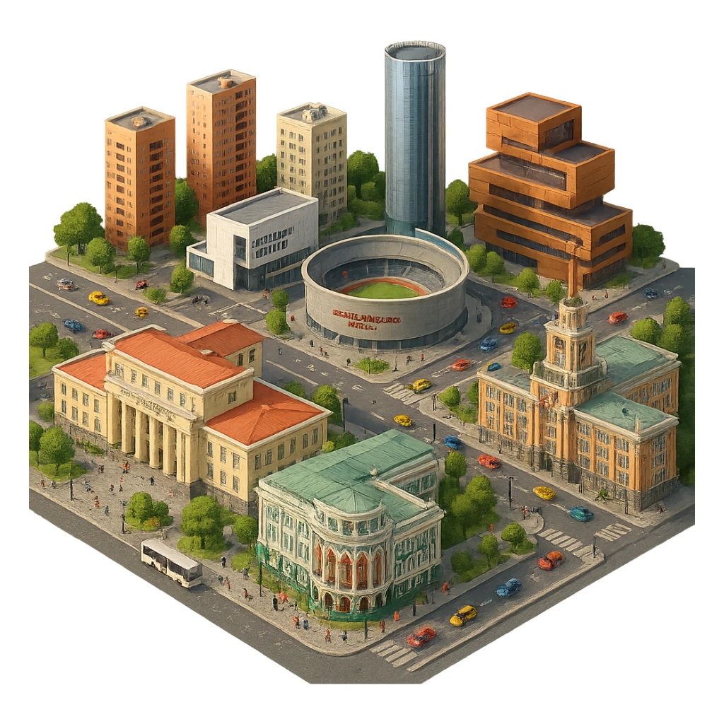 Изометричная миниатюрная фотореалистичная 3D модель Екатеринбурга - Дом Севастьянова, Ельцин-центр, Уральский федеральный университет, дома, Екатеринбург Арена, Медный дом, Здание Свердловского городского совета народных депутатов четкая детализация, яркие цвета, мультяшный реализм, люди, автотранспорт, компактная композиция, вид сверху в изометрии, прозрачный фон sticker