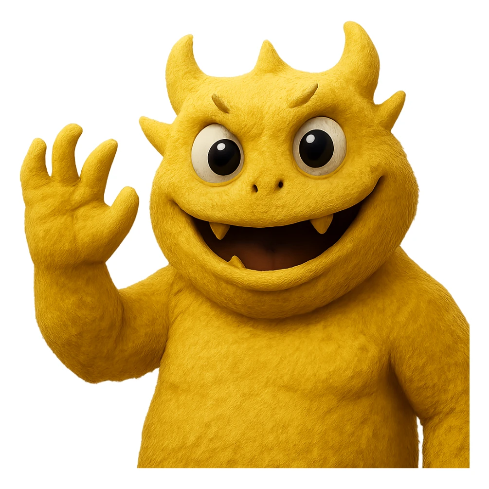 Make this yellow athletic mascot look more grown up and cooler, less like a person and more like a monster, keep the soft fuzzy texture and big eyes, waving cheerfully, with no background. Maintain the yellow color and soft fuzzy texture with big eyes, emphasizing a monster-like character waving cheerfully. sticker