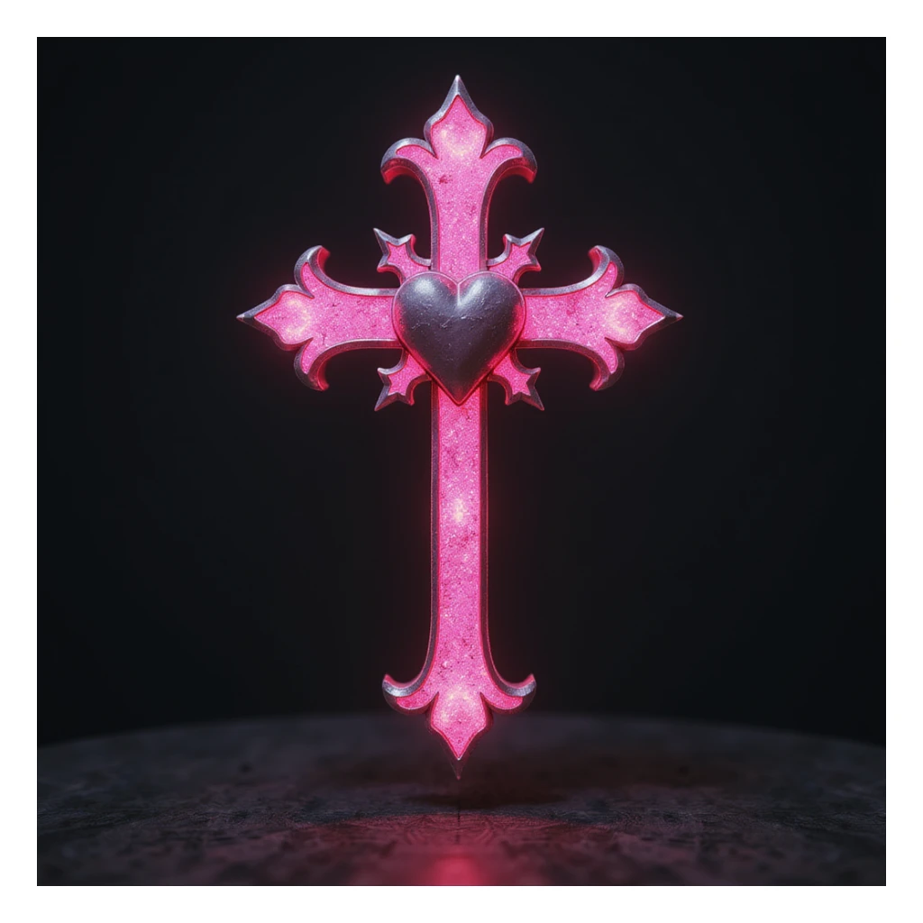 realistic gothic cross, pink with a heart motif, photorealistic style, no background sticker