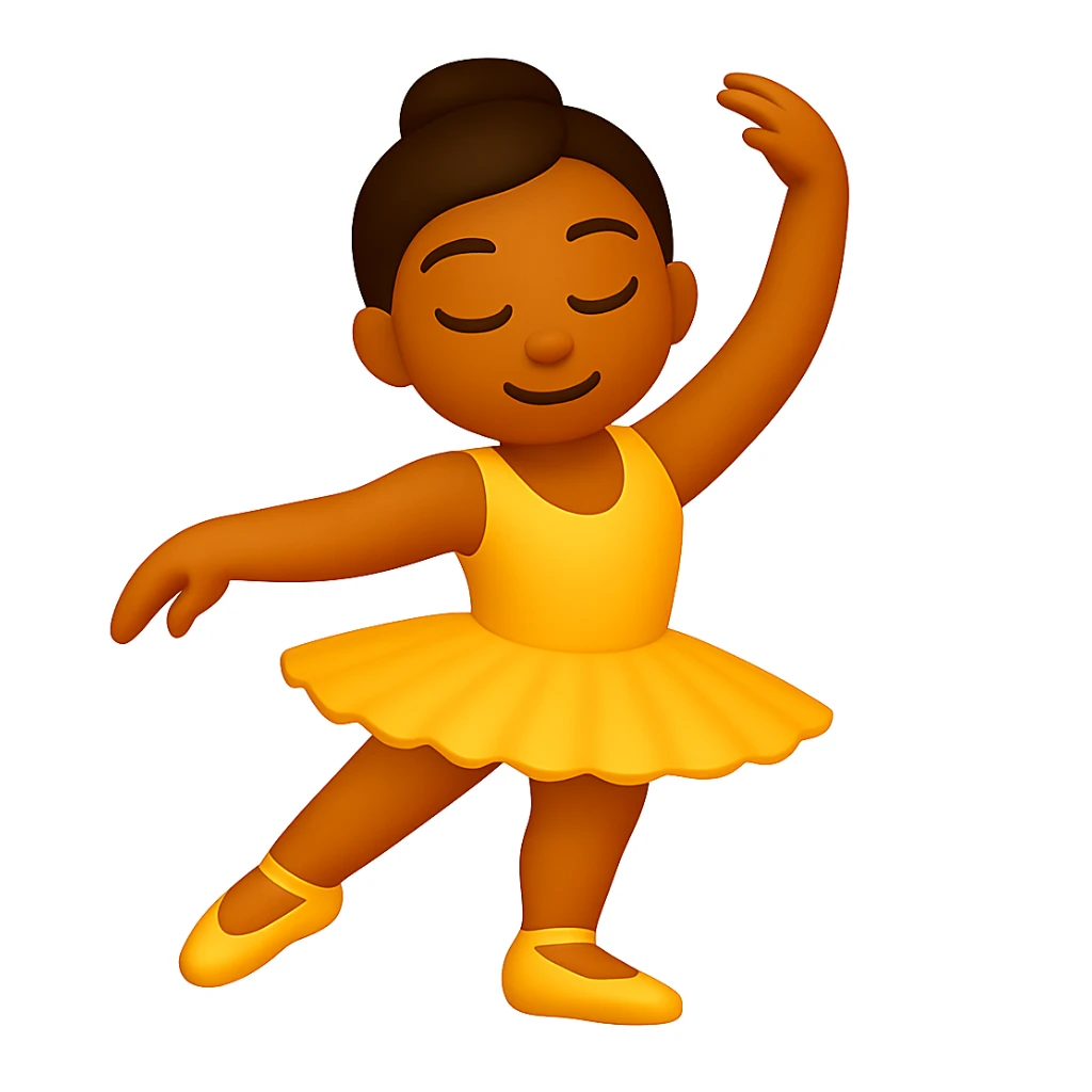 Edit the image to keep the same pose with the right foot on tippy toe in iOS emoji style. Maintain the yellow tutu, elegant, smooth, and shiny look as in the reference. sticker