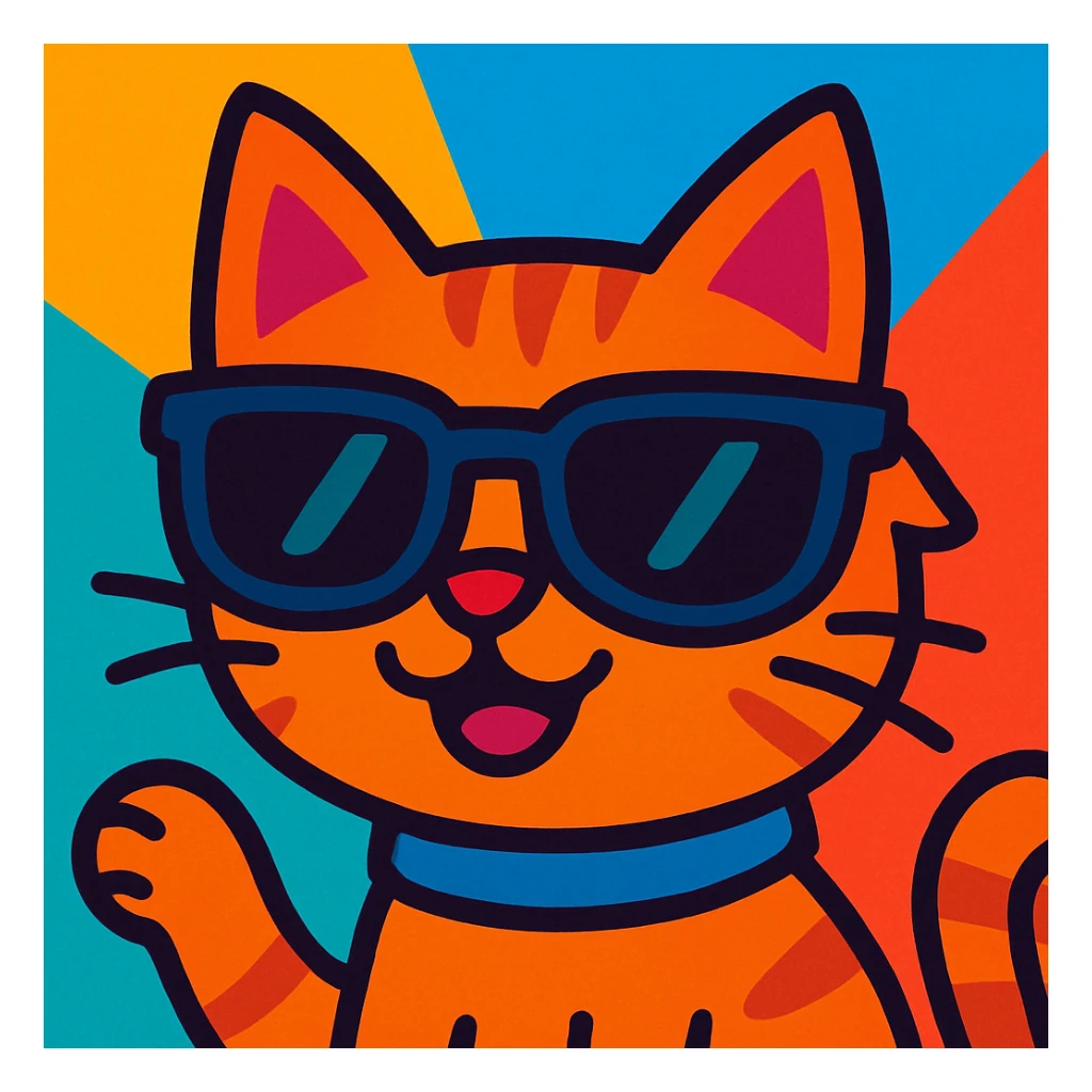 whimsical cat wearing sunglasses, vibrant cartoon style sticker