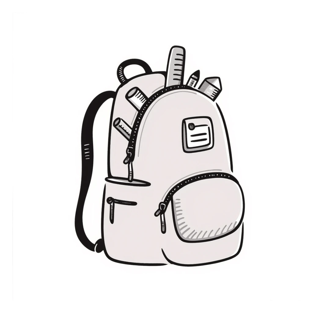 a backpack with pockets, zippers, and straps, containing school supplies like notebooks, pencils, and rulers peeking out, in pastel colors dd9fb0, ffc6d3, a3bfc9, c4bee2, f1b091, detailed hand-drawn doodle style sticker
