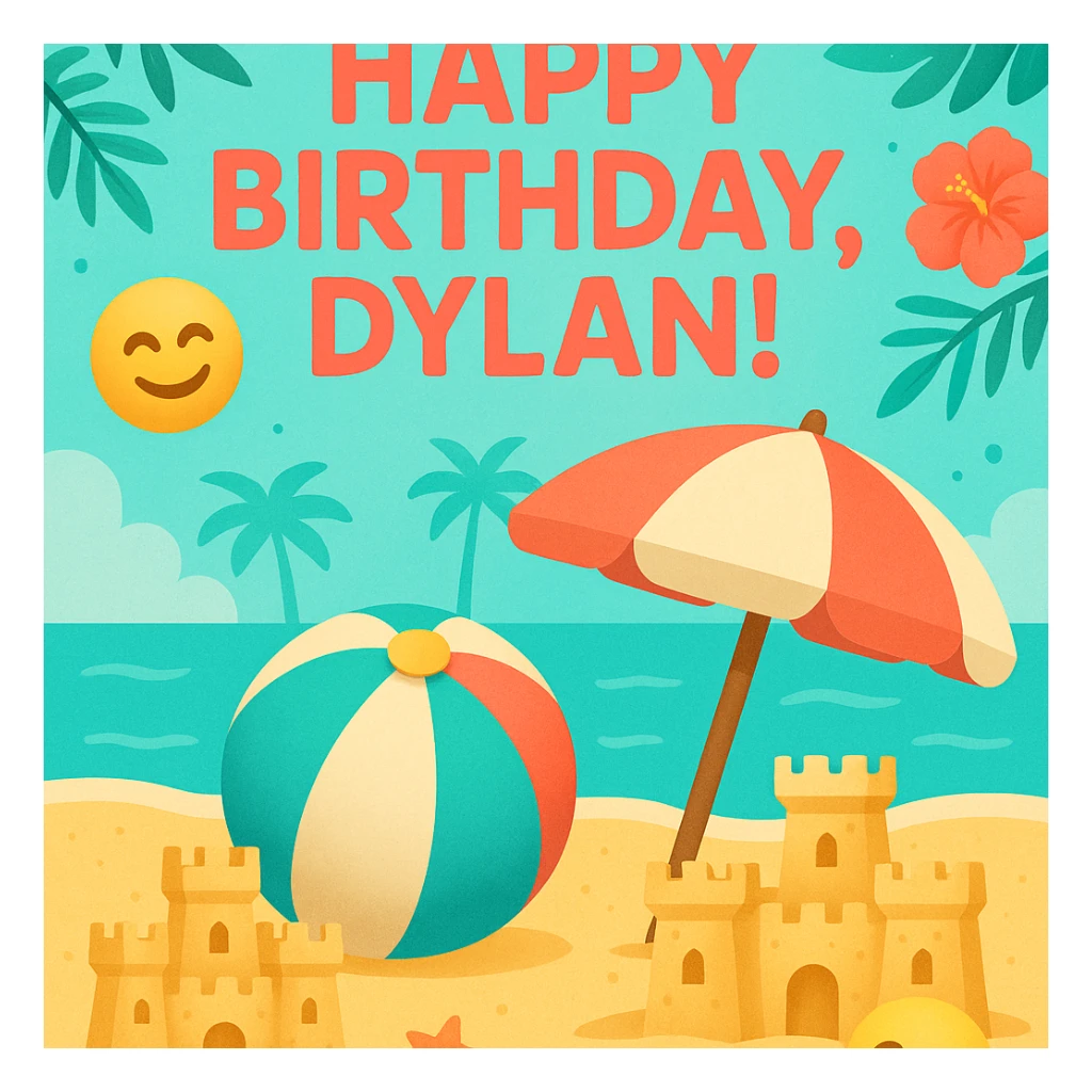Tropical digital birthday card for Dylan with a big 'Happy Birthday, Dylan!' at the top, 3D emoji beach ball and umbrella, sand castles, happy emojis, turquoise and coral palette, festive scene sticker