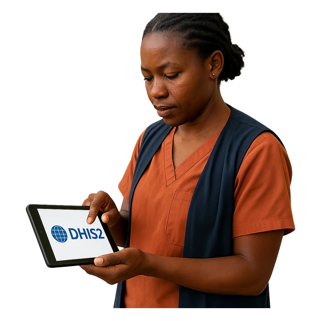 community health worker holding a device showing DHIS2 logo, focused on data collection sticker