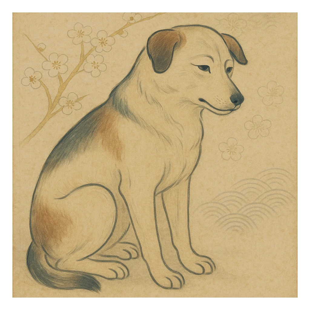 {
  "style_description": {
    "overall_look": "Traditional Japanese painting with a refined and serene aesthetic rooted in classical techniques",
    "material_simulation": {
      "primary_material": "natural pigments on washi or silk",
      "texture_detail": "subtle paper grain, matte finish, soft brushwork",
      "pattern": "occasional use of classical Japanese motifs such as plum blossoms, waves, or cranes"
    },
    "geometry": {
      "edge_style": "fluid and organic linework with gentle outlines",
      "dimensionality": "flat perspective with carefully balanced negative space"
    },
    "color_palette": {
      "scheme": "earthy and muted tones with occasional gold or mineral highlights",
      "preferred_colors": ["indigo", "sumi black", "reddish brown", "soft greens", "off-white"],
      "contrast": "low contrast, harmonious tones"
    },
    "lighting": {
      "type": "diffused, implied through tone rather than shading",
      "purpose": "maintain the contemplative and meditative quality of the piece"
    },
    "render_constraints": {
      "avoid": ["realistic lighting", "high saturation", "modern cartoon outlines", "digital gradients"],
      "focus_on": ["natural harmony", "elegance", "quiet emotional expression"]
    },
    "background": {
      "color": "neutral or light washi-inspired background",
      "style": "plain or softly patterned with traditional elements",
      "lighting_consistency": "flat and even, no cast shadows or dramatic highlights"
    }
  }
}

{subject} = dog sticker