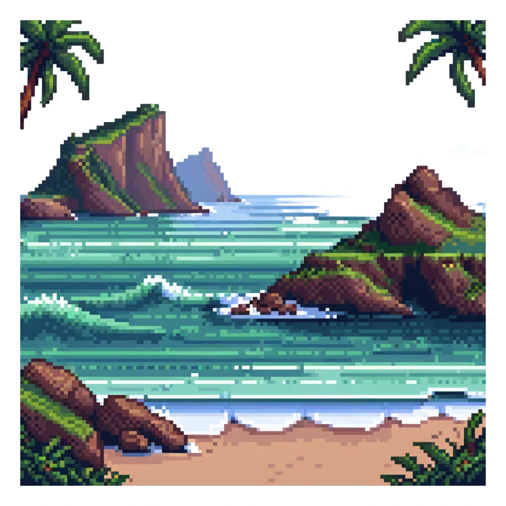 scenic coastline with waves and cliffs in pixel art style sticker