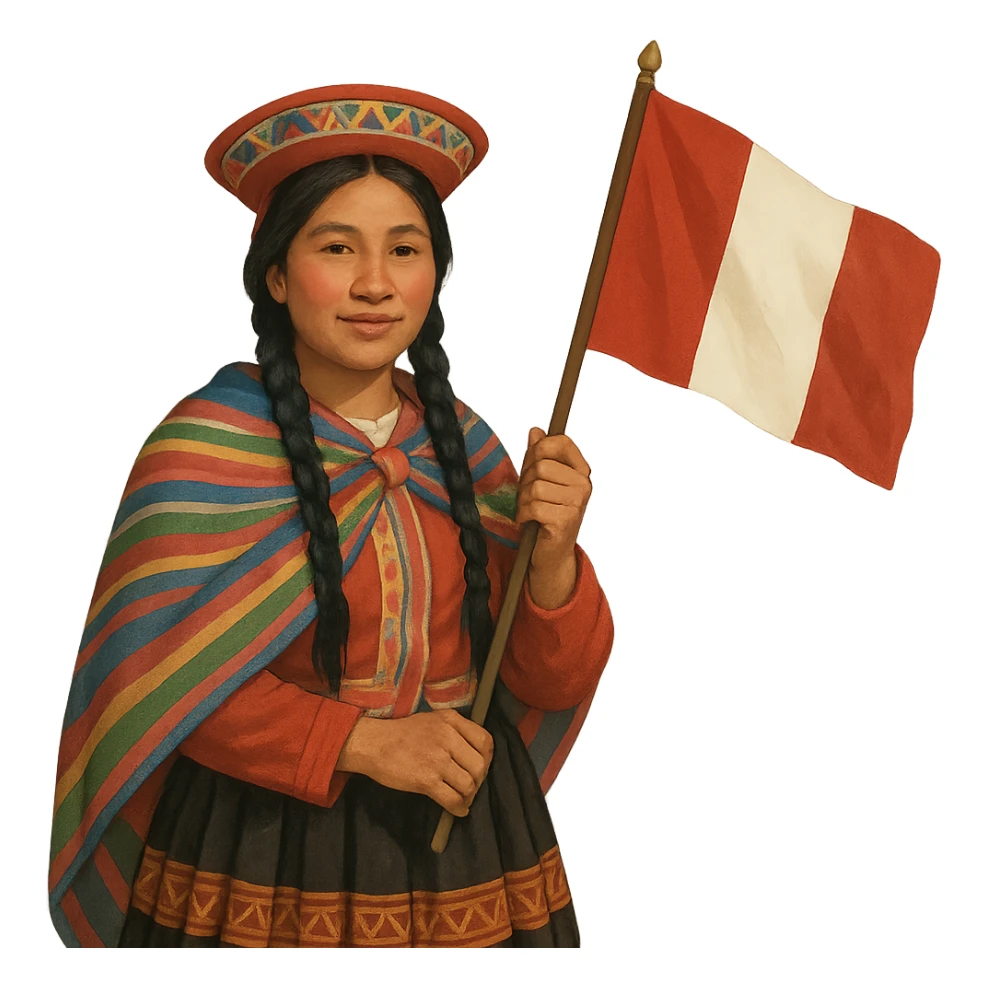 hombre o mujer peruano con ropa típica, sujetando la bandera nacional de Perú, estilo realista simplificado sticker