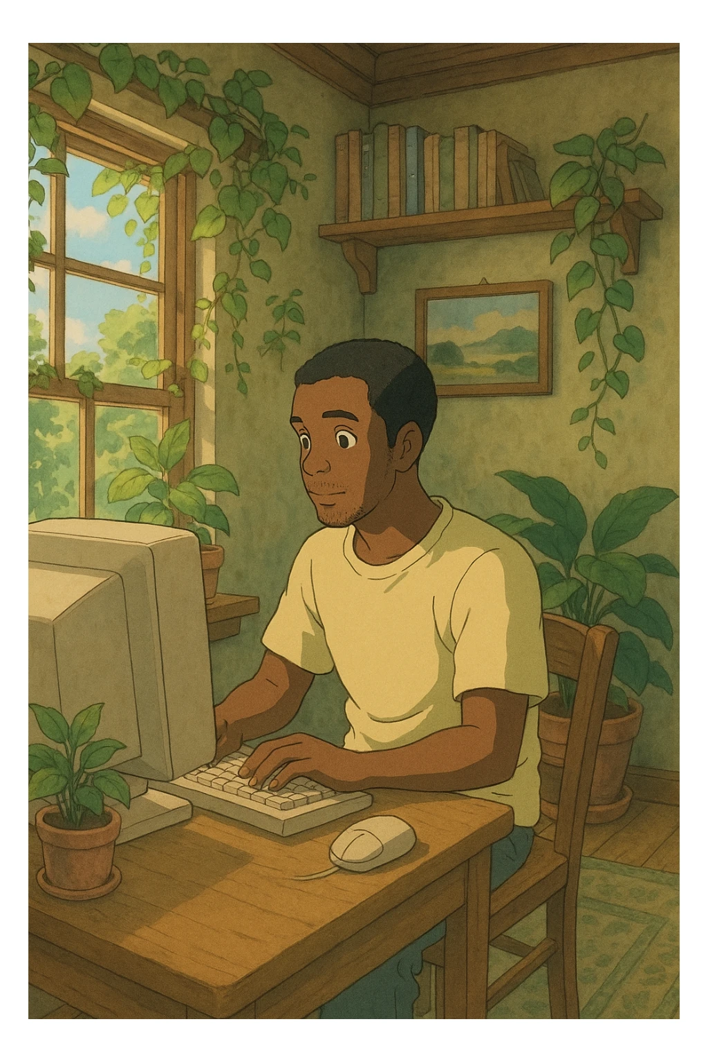 A black man using a computer in a Ghibli-inspired room, lush details, soft color palette, peaceful mood. sticker