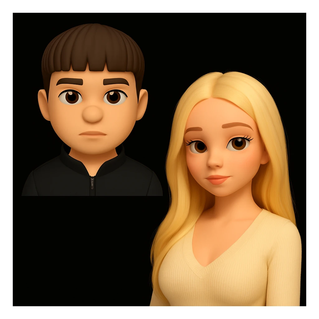 разместить этих двух 3d emoji персонажей на одном фоне, чтобы парень и девушка стояли максимально раздельно друг от друга, с большим пространством между ними, не изменяя стилизацию изображений. Парень чуть выше девушки, у девушки немного увеличена грудь. sticker