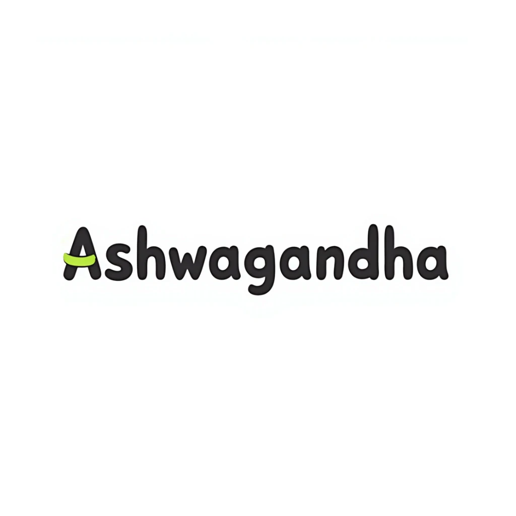 The word "Ashwagandha" written in a fun, playful hand-drawn style using just two or three colors. Simple doodle with minimal decoration. sticker