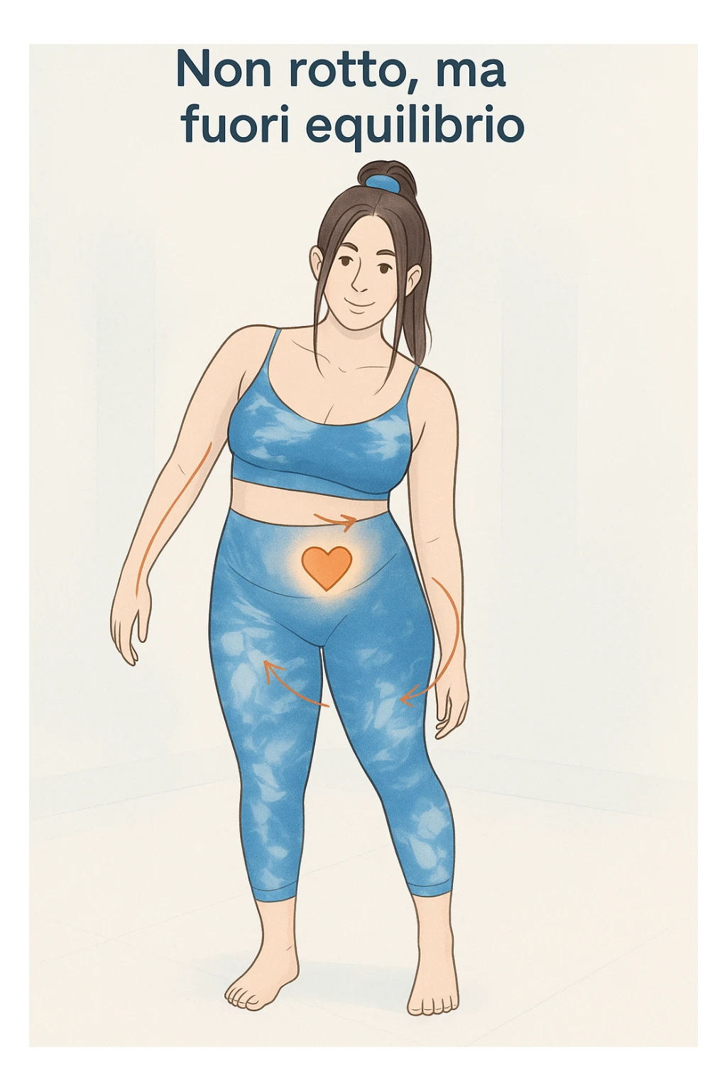a woman stands in a relaxed pose, with a gentle, confident expression. Her body is shown with subtle, curved lines or arrows indicating areas of imbalance (such as a slight tilt in the shoulders or hips), but no signs of injury or damage. A soft glow or heart symbol at her core emphasizes resilience and the message “Non rotto, ma fuori equilibrio” The background is clean and clinical, with light blue tones. sticker