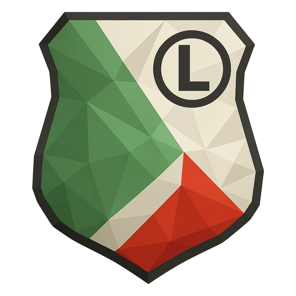 Herb Legii Warszawa with a clear letter L in the center, geometric style, maintain transparent background, sharp polygonal shapes and facets. sticker