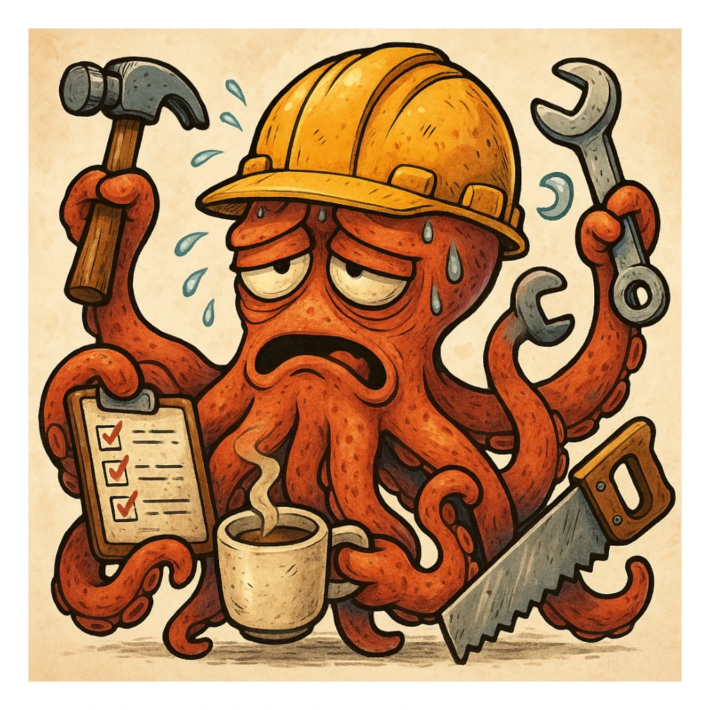 A tired worker depicted as an octopus with multiple tentacles, each holding a different item: a hammer, a checklist with tasks, a wrench, a saw, and coffee. The worker wears a helmet and looks overwhelmed and unable to keep up with all the tasks, detailed cartoon style, expressive and colorful. sticker