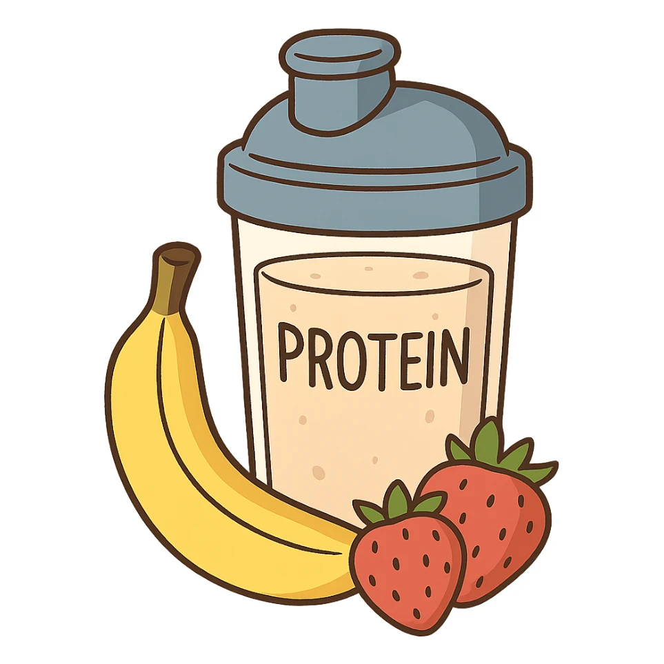 flat toon style protein shake with banana and strawberries around sticker