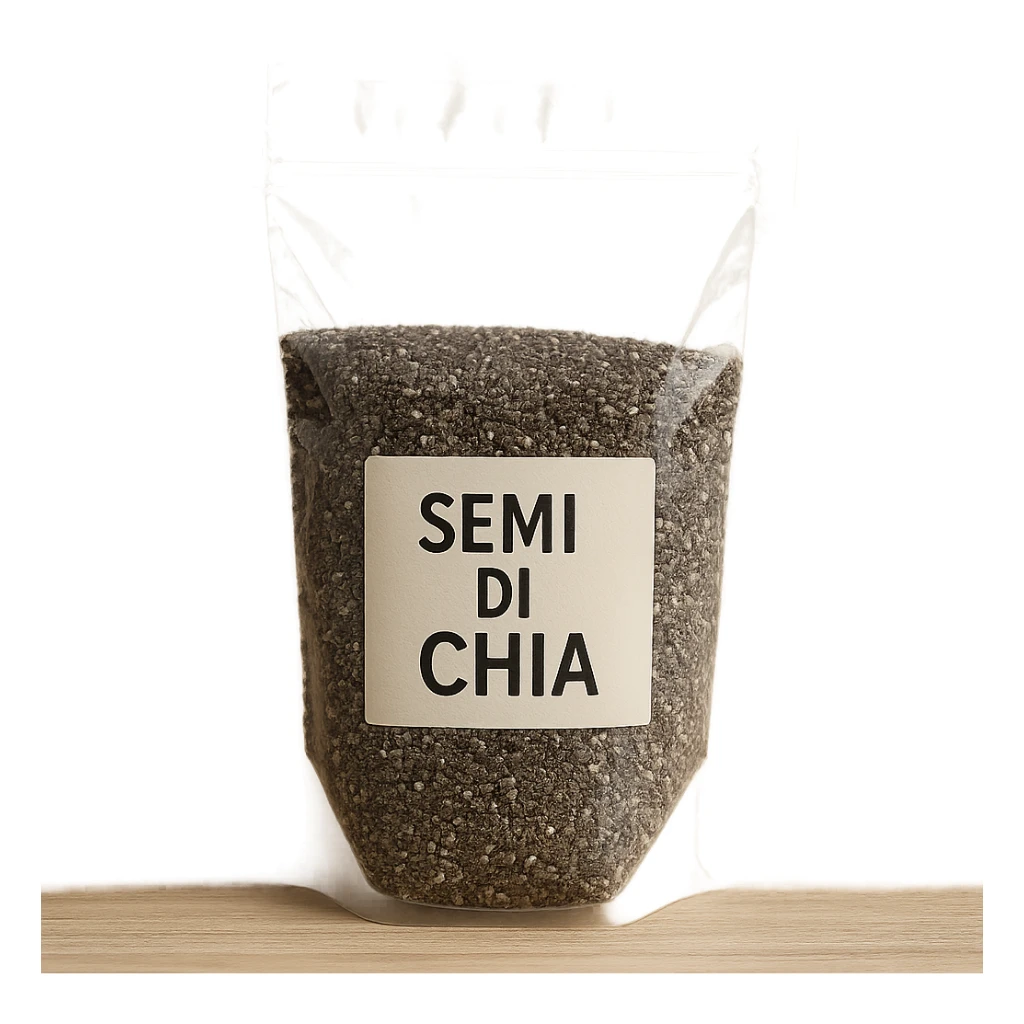 photo realistic transparent bag with chia seeds, visible label with the text 'semi di chia' in Italian sticker