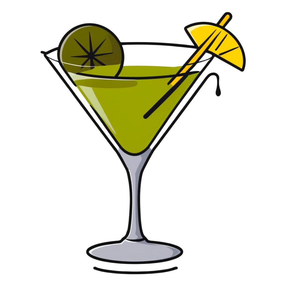martini glass with clear liquid and an olive at the bottom skewered by a toothpick sticker