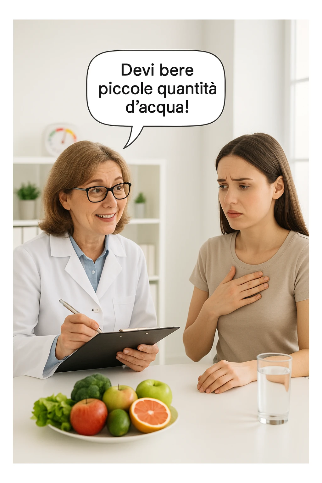 Nutrizionista dice ad una donna "devi bere piccole quantità d'acqua!" in italiano sticker