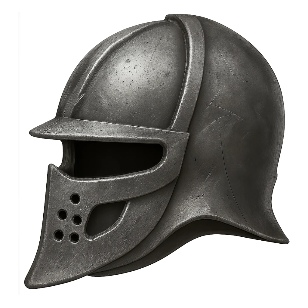 Create an iron version of this helmet with the same shape, looking a little worn and realistic metallic iron. The style should emulate emoji style with a transparent background. sticker