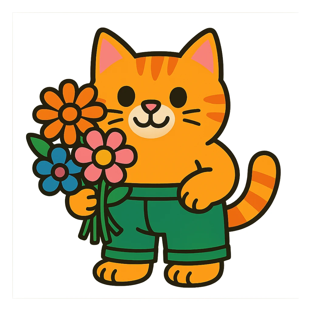 a chubby kitten in pants with a bouquet of flowers sticker
