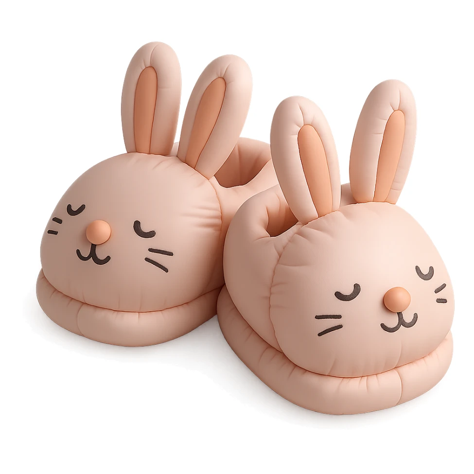 illustration of bunny slippers, soft and plush, pastel colors, cute faces, cushion style sticker