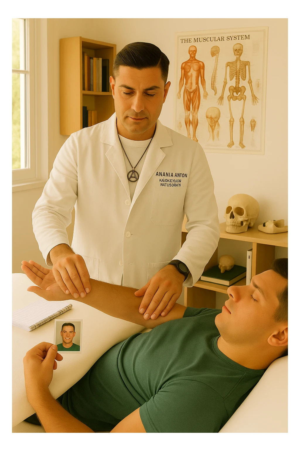a middle-aged man, dressed in casual professional attire, is in a bright, organized therapy studio. Durante una visita di kinesiologia, il ragazzo tiene con una mano la foto di una persona lontana (il “testimone”) tiene la foto in mano, mentre con l’altra mano esegue un test muscolare su un cliente presente senza foto lui non tiene la foto. Sullo sfondo si vedono libri di kinesiologia, poster anatomici e strumenti tipici della disciplina. L’atmosfera è concentrata e serena, con luce naturale che entra dalla finestra, sottolineando l’aspetto alternativo e umano della pratica. sticker