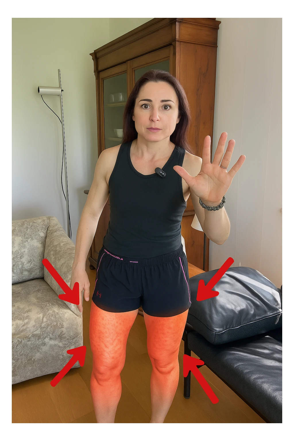 Donna con cellulite sulle cosce indica le cosce che sono infiammate di cellulite sticker