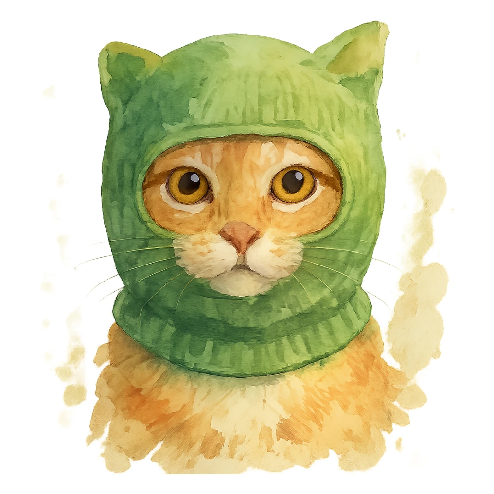 watercolor style cat in a green balaclava sticker