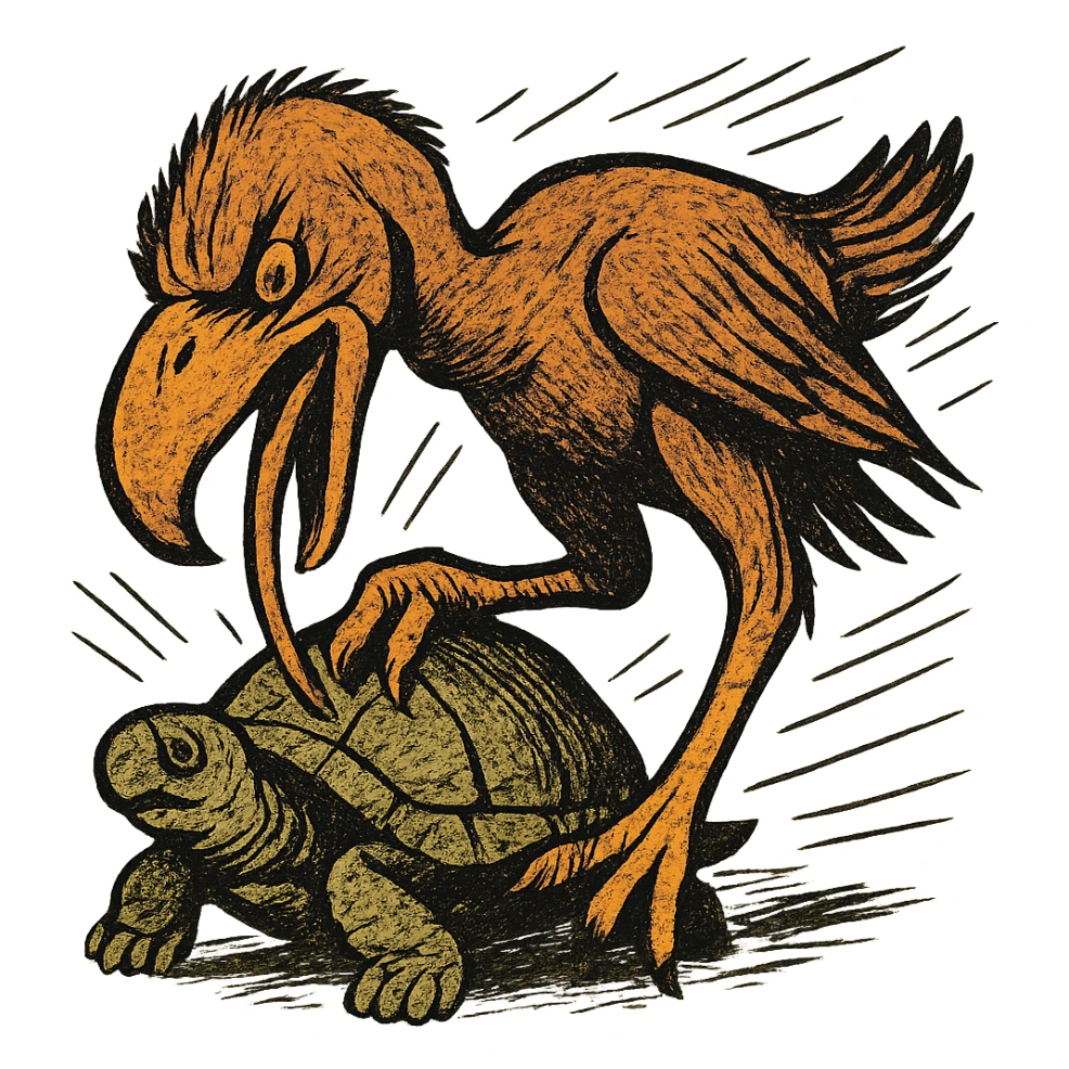 an insignia for a flag: a strange foreign alien bird creature, resembling a prehistoric phorusrhacos, gripping a upturned tortoise with a claw with its' beak tearing down into it
 sticker
