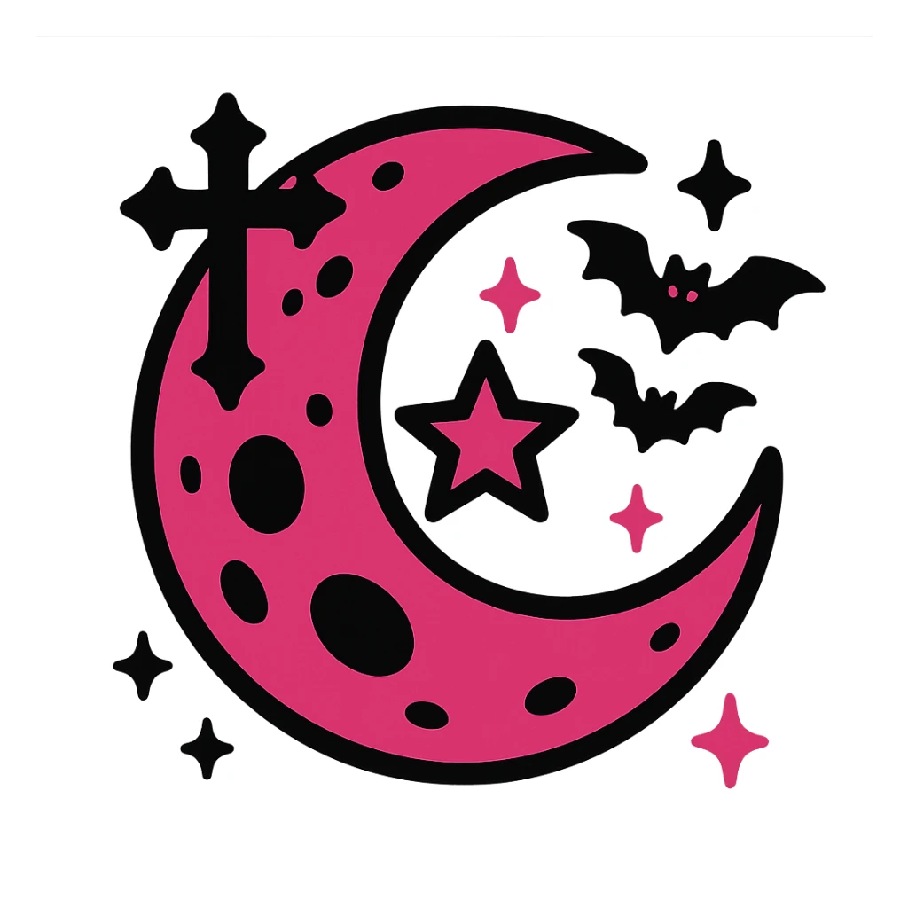 gothic moon, black and pink colors, vibrant toon style sticker