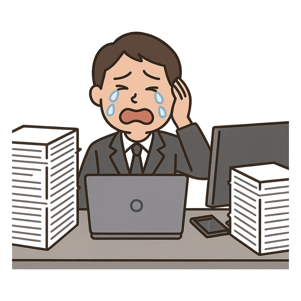 businessperson overwhelmed with work, crying at workstation, piles of documents, digital workspace, emotional expression sticker