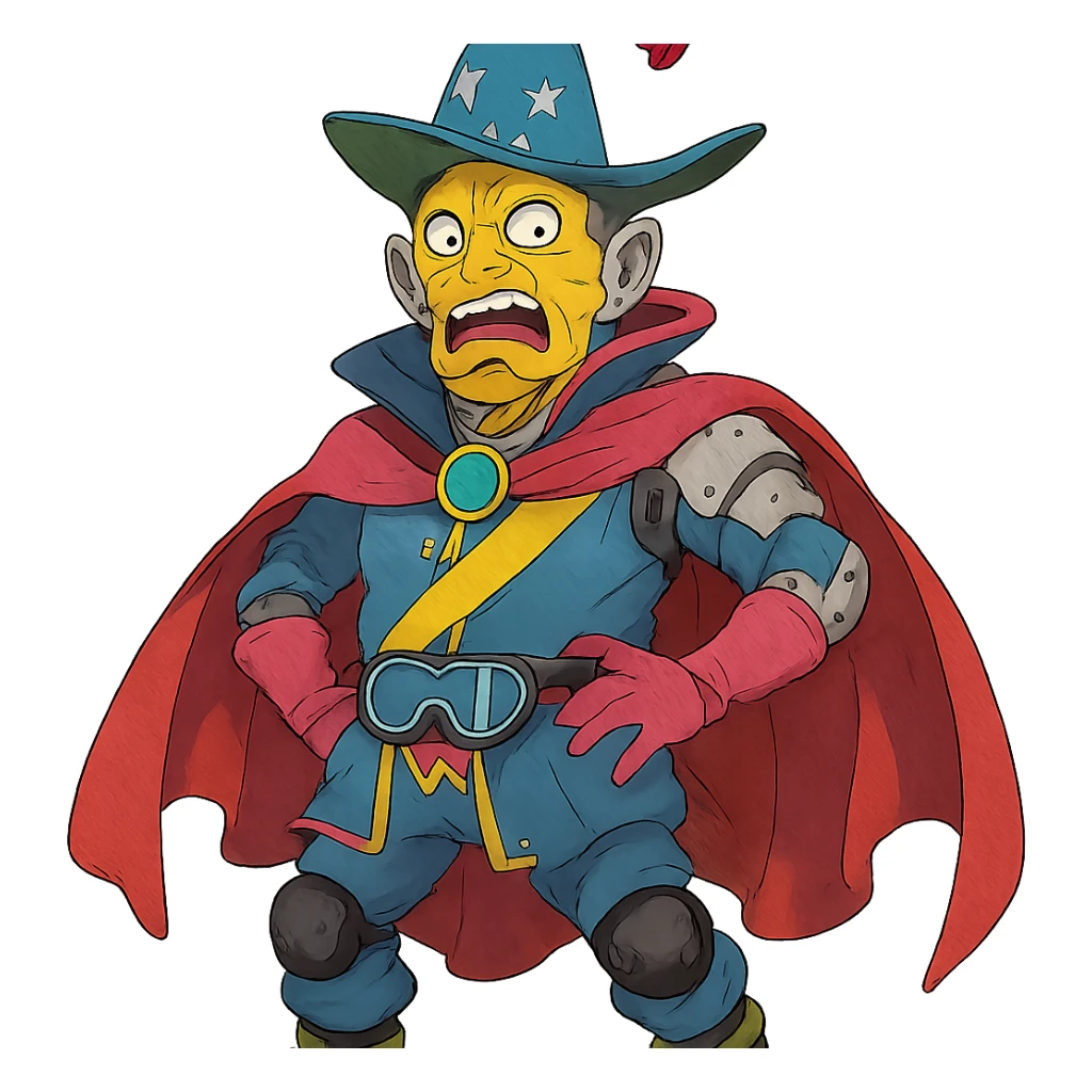 yellow guy with even more extravagant outfit, more dramatic mix of prince, alien, terminator, skater, skiier, and wizard, making a weird face, stylish and fabulous, ghibli style sticker